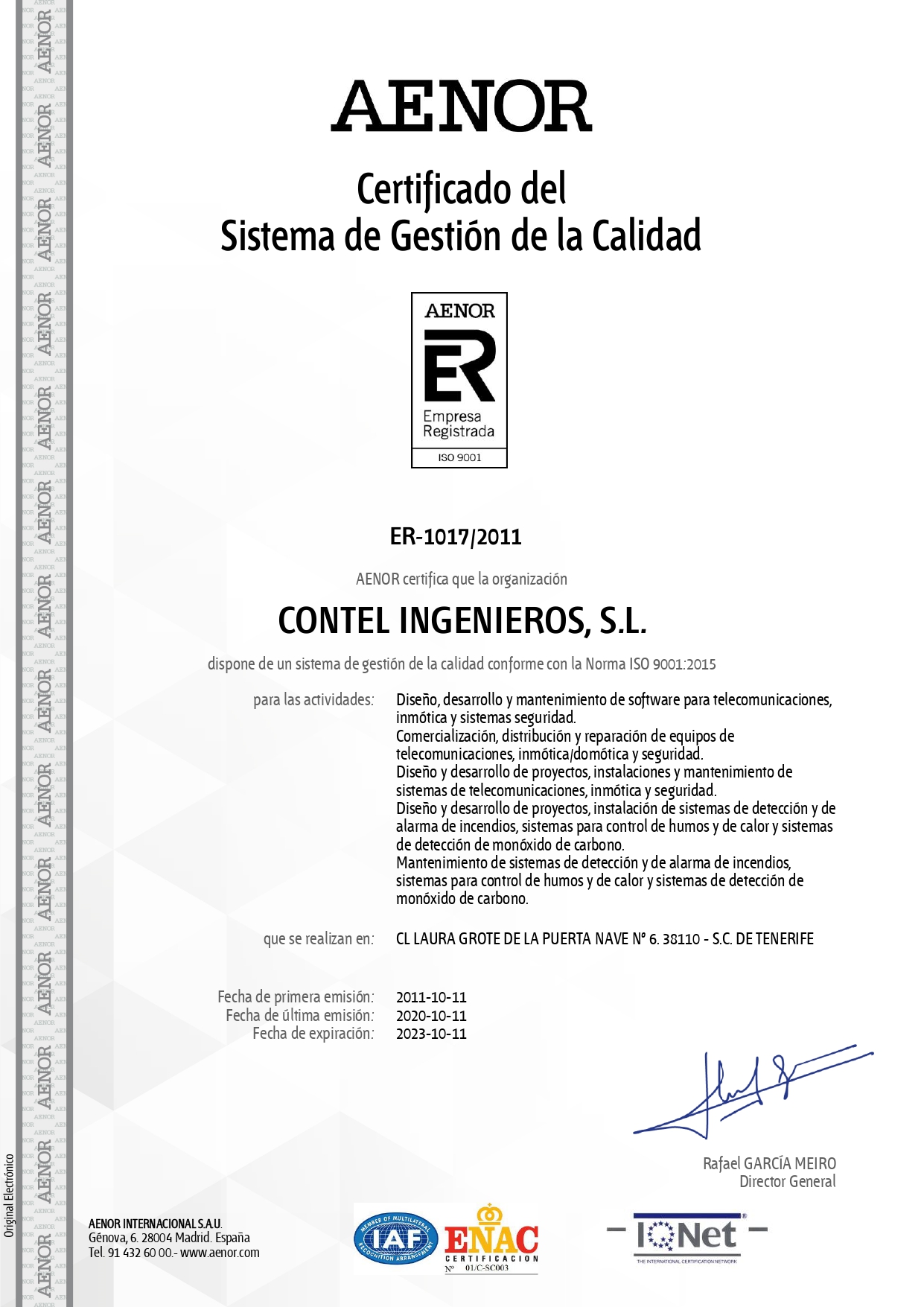 Certificado del Sistema de Gestión de la Calidad